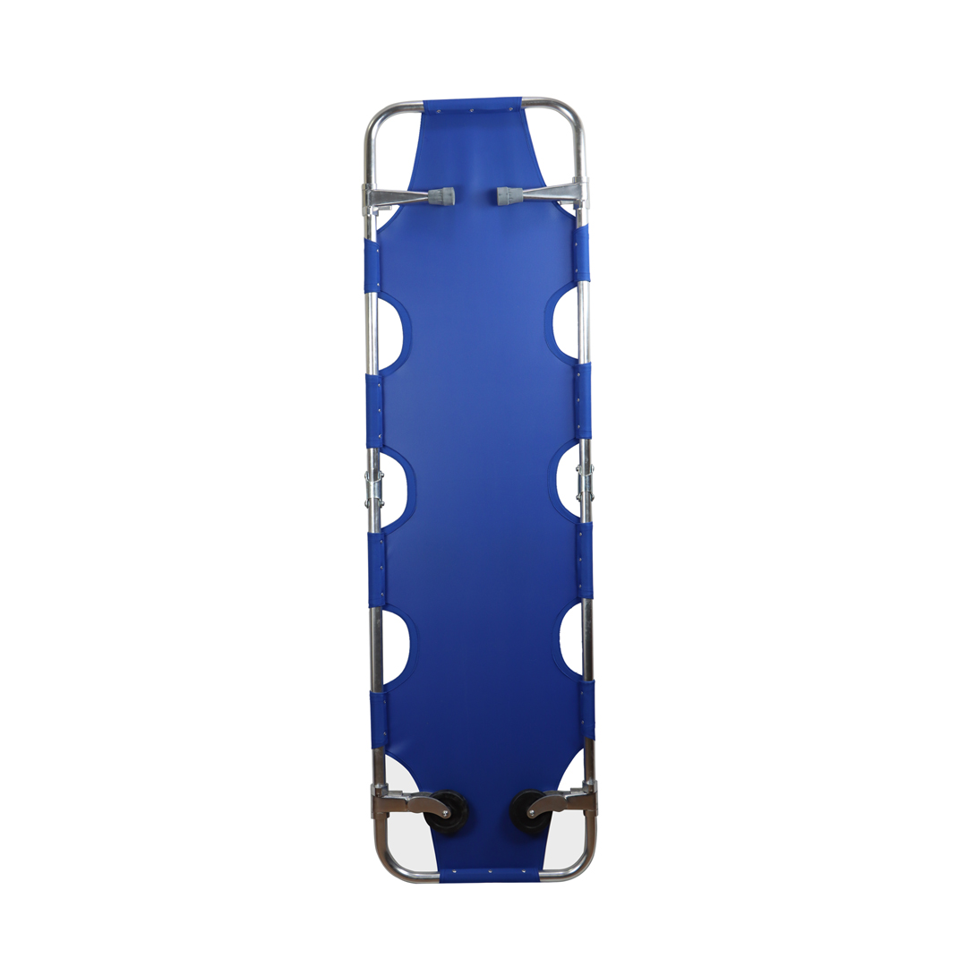 Aluminium Stretcher _ Blue Colour _ Wheels in the front _ Handle in the end _ Foldable 2